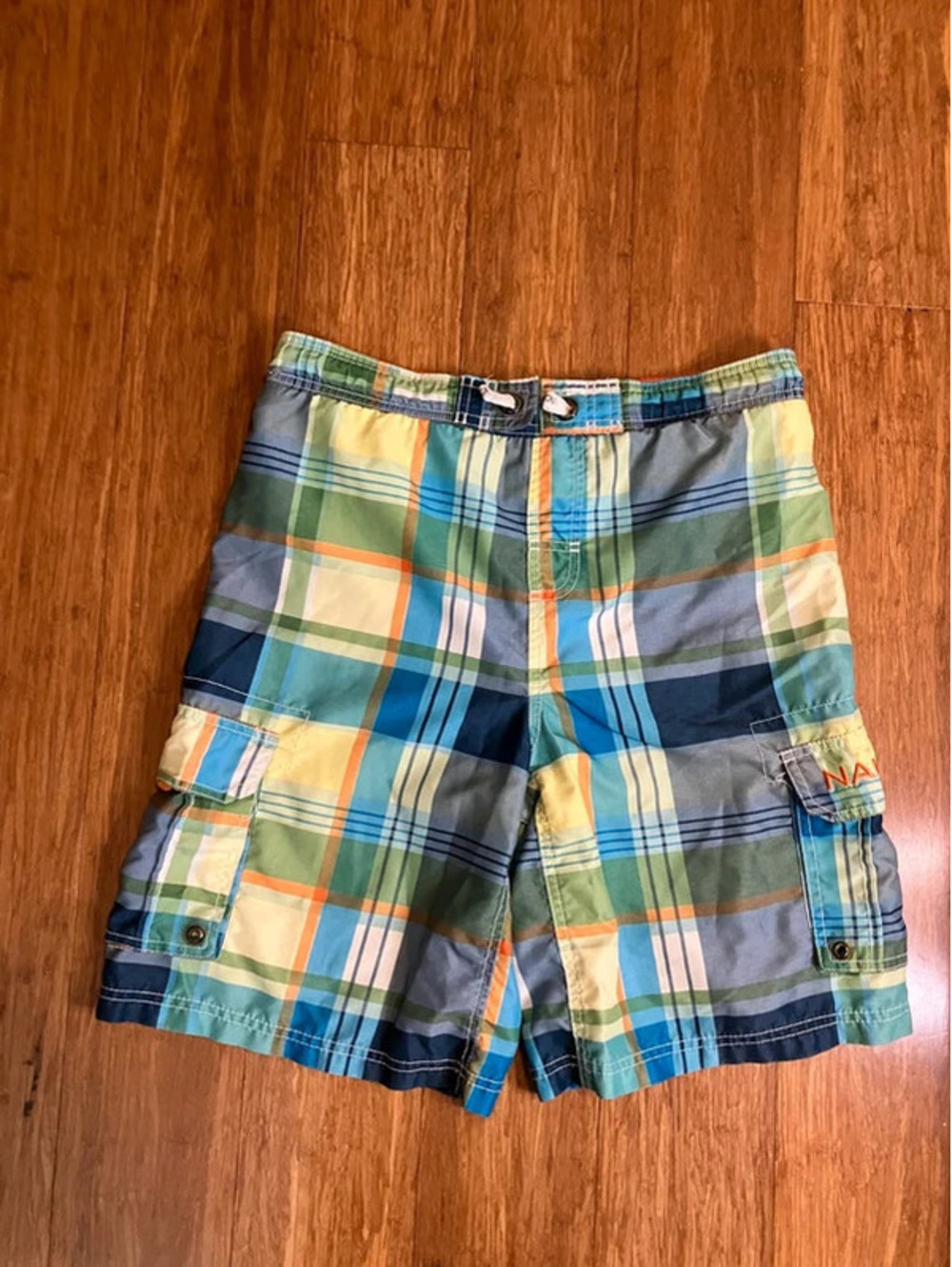 Nautica Boys L 14 16 Swim Trunks Plaid Board Shorts Blue Green Orange Cargo